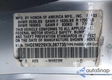 2003 Honda Civic Ex from USA, damaged, VIN 1HGEM229X3L087735